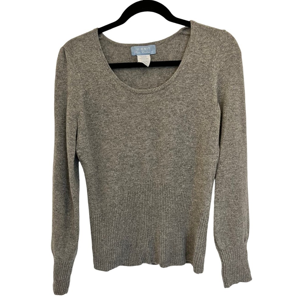 100 Cashmere U Knit Pure Cashmere Medium Gray Round Neck Slim Fit Pleated Sleeve
